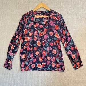 Lucky Brand Floral Print Blouse Tassel V Neck‎ Long Sleeve Top Sz S Boho Y2K 90s